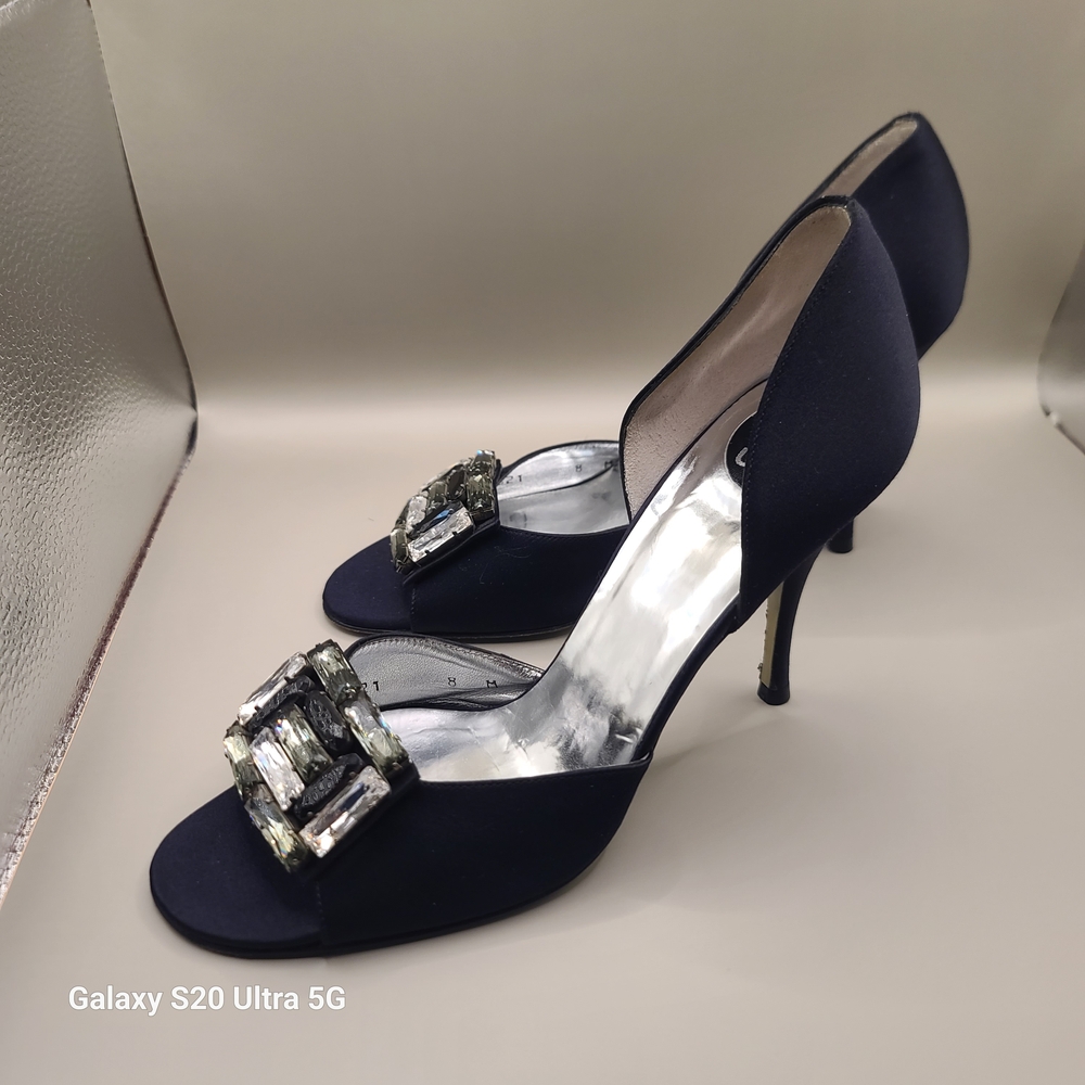D'Orsay Navy Satin Heels with Crystal Accent